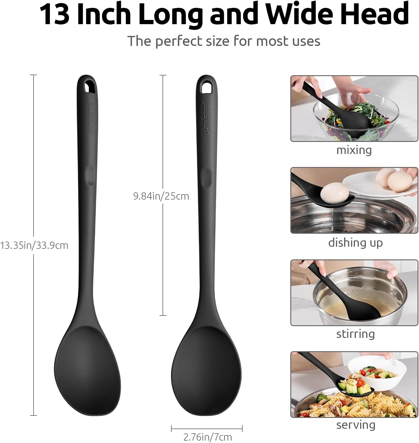 600ºF Heat Resistant Silicone Spoon: U-Taste 13.3in Solid Kitchen Cooking Spoon, Nonstick Food Grade Large & Long Soup Rubber Utensil for Mixing, Serving, Stirring, Basting, for Pot Cookware (Black)