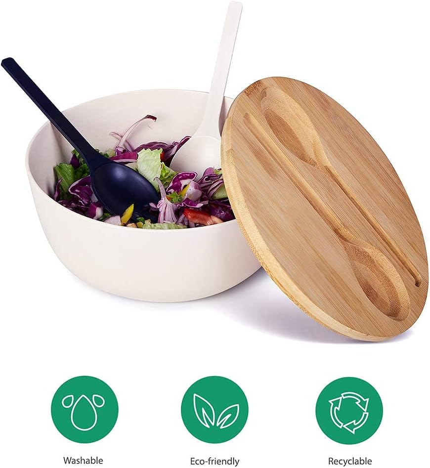 10” Bamboo Fiber Large Salad Serving Bowl Set with Wooden Lid & Servers, 3.5Qt Big Bowl with Utensils for Mixing Salad,Fruit,Pasta,Lightweight & Dishwasher Safe, Ideal Gift for Home - Matte White
