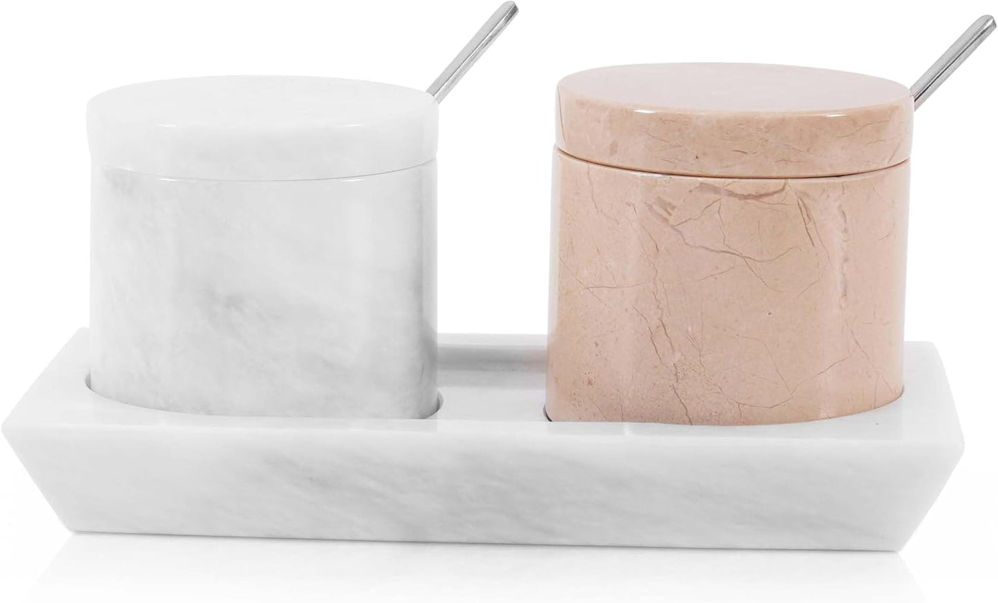Radicaln Marble Salt Cellar With Lid and Tray 3" Inch White and Verona Set of 2 Salt Bowl & Spice Storage Container for Kitchen countertop, Ideal Sugar Bowl