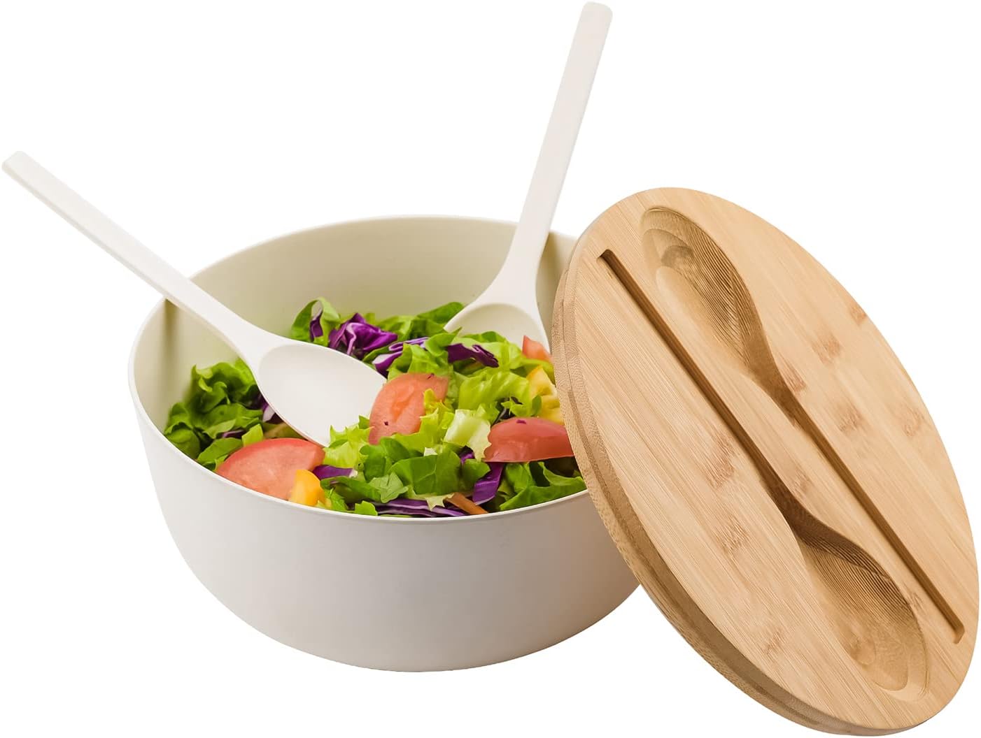 Bamboo Fiber Salad Bowl with Servers Set Large 9.8inches Nature Bamboo Mixing Bowl with Servers with Lid Spoon and Fork for Fruits,Salads and Vegetables