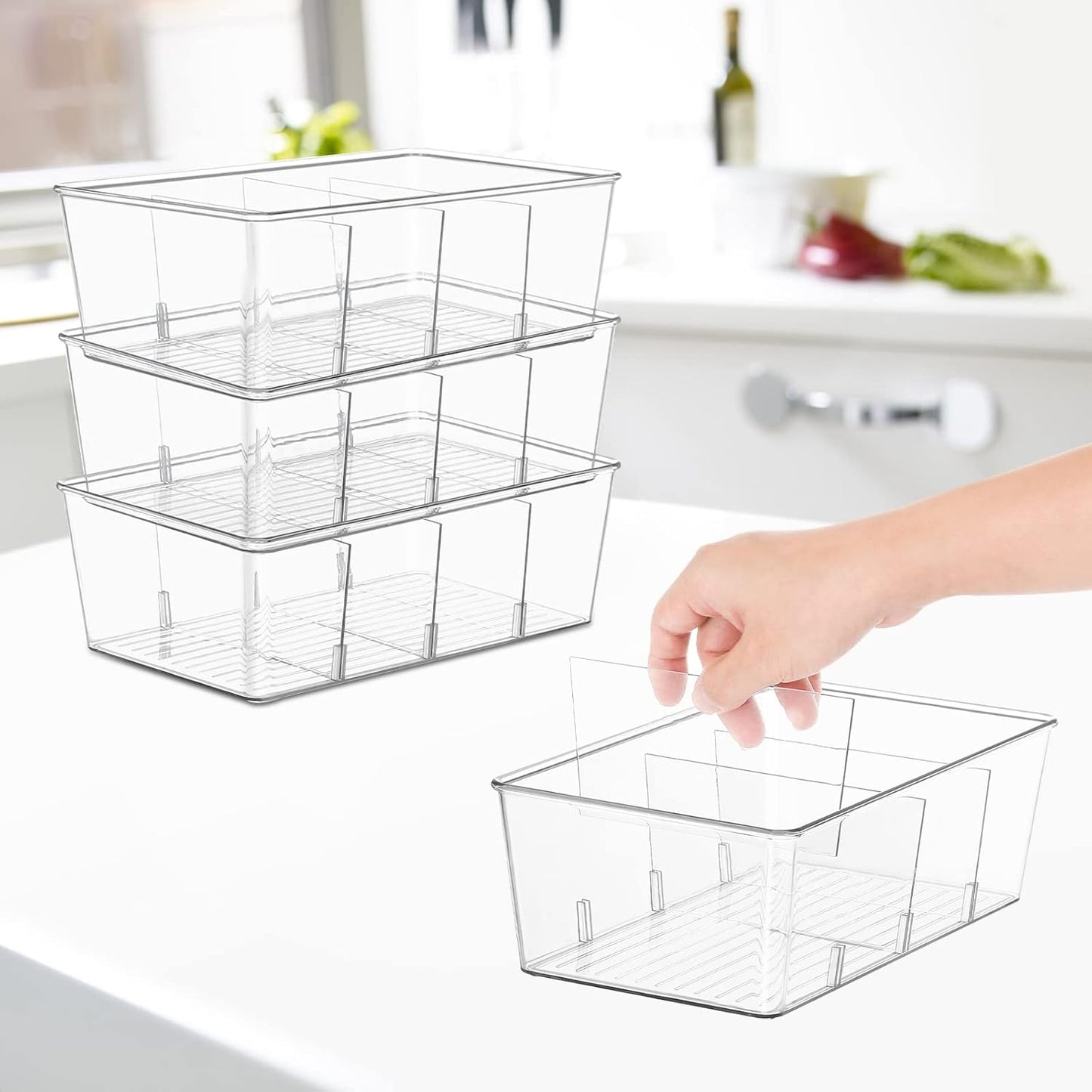 wilfox Pantry Organization, 3 Pack Clear Organizer Bins with Removable Dividers for Pantry, Kitchen, Fridge, Cabinet, Stackable Storage Bins for Snack, Pouches, Spice Packets