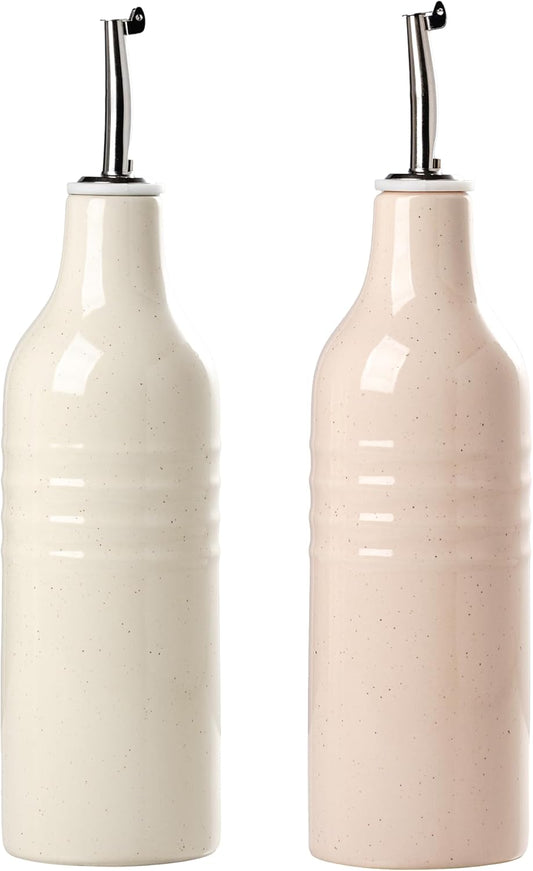 famiware Jupiter 16oz Ceramic Olive Oil Dispenser Bottle, Olive Oil and Vinegar Dispenser Bottle Set of 2 with Stainless Steel Pourers, Suitable for Storage Vinegar, Vanilla White & Light Pink