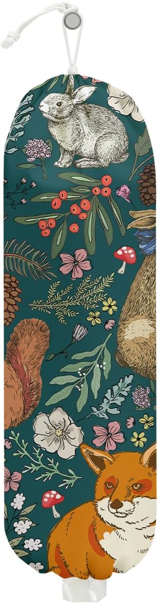 Forest Animals Plastic Bag Holder, Wall Mount Grocery Bag Holder, Plastic Storage bag, Pull Rope Free Adjustment, Plastic Bag Holders for Grocery Bags, Plastic Bag Dispenser for Home Kitchen Cabinet