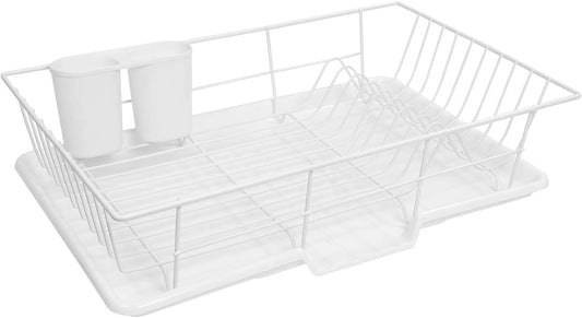Sweet Home Collection Space-Saving 3-Piece Dish Drainer Rack Set: Efficient Kitchen Organizer for Quick Drying and Storage - Includes Cutlery Holder and Drainboard - Maximize Countertop Space, White
