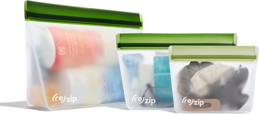 (re) zip 3-Piece TSA-Compliant Travel Bags | Stand-Up Style, Leakproof Storage for Toiletries, Cosmetics, Electronics, Snacks, Carry-On Organization | Quart (1), 2-Cup (1), Snack (1)