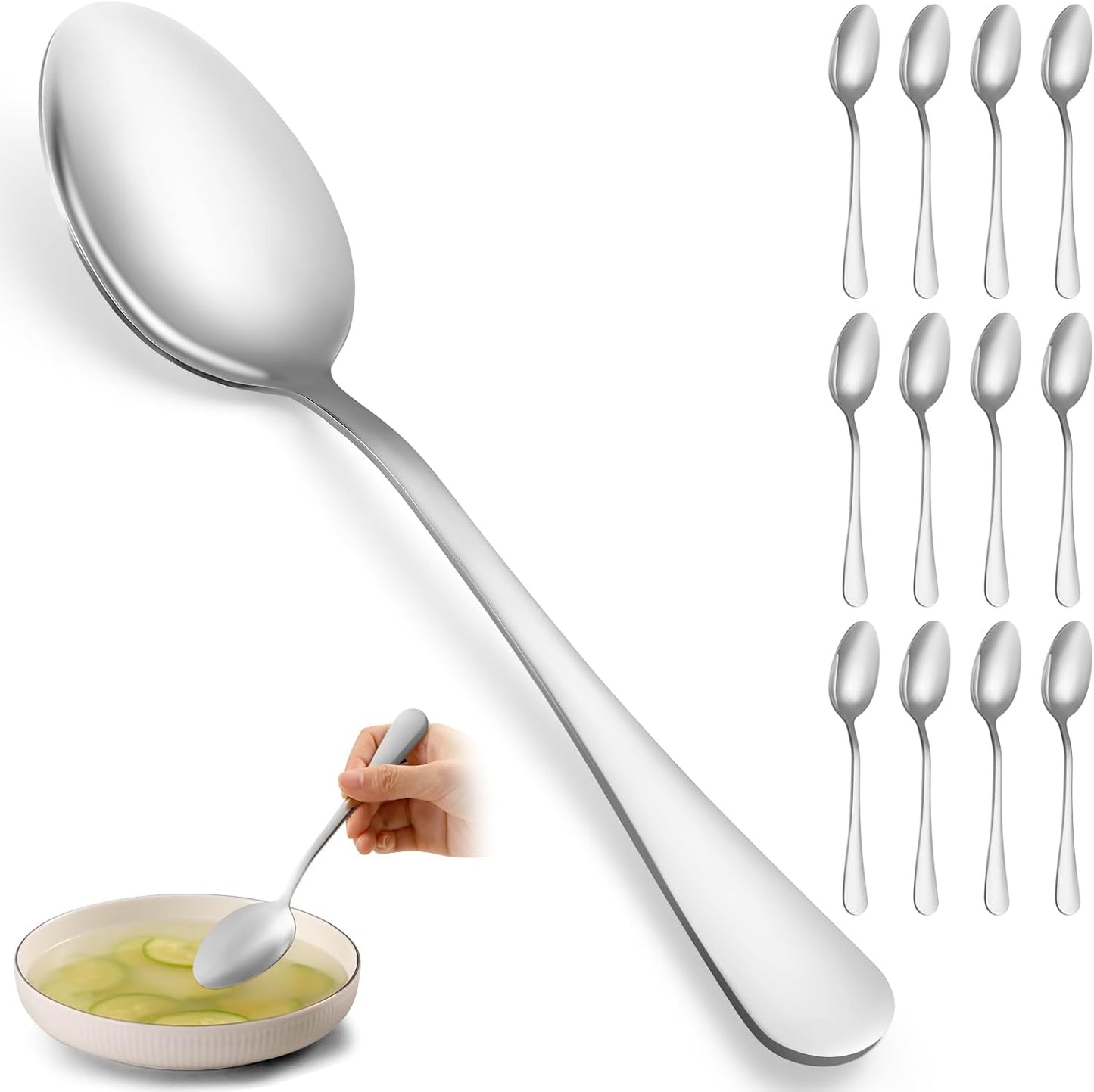 12 Pcs Dinner Spoons Set, Food-Grade Stainless Steel Large Tablespoons, Metal Cutlery Spoon, Soup Spoon, Spoons Silverware for Home, Kitchen or Restaurant, Mirror Polished, Dishwasher Safe 8 Inch