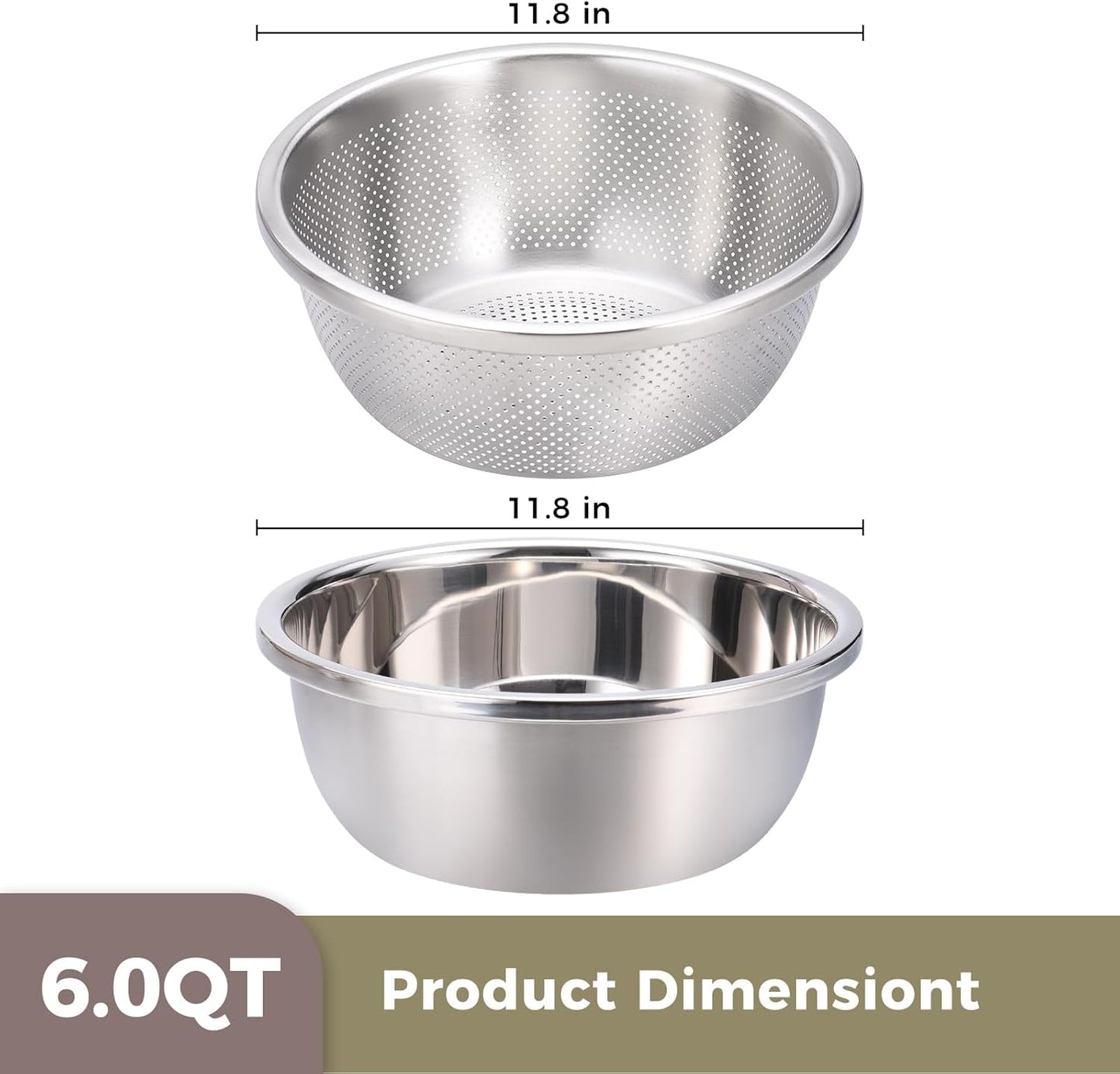 Colander and Bowl Set 6.0QT (2-in-1) - Thickened 304 Stainless Steel Kitchen Strainer Bowl for Fruit, Pasta, Vegetables, Rice - Heavy Duty, Induction Cooker & Dishwasher Safe