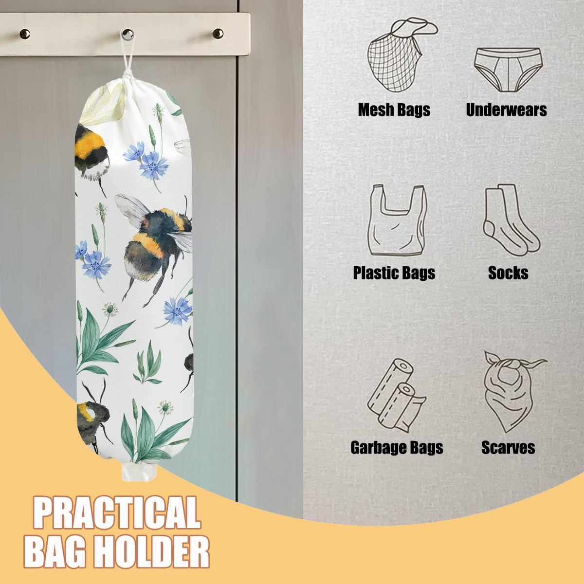 2 Pcs Bee Plastic Bag Holder, Sunflower Grocery Bag Holder Plastic Storage bag, Large Washable Grocery Bags Storage Dispenser for Home Kitchen Pantry Decor, Flower Gifts for Women Mom Grandma