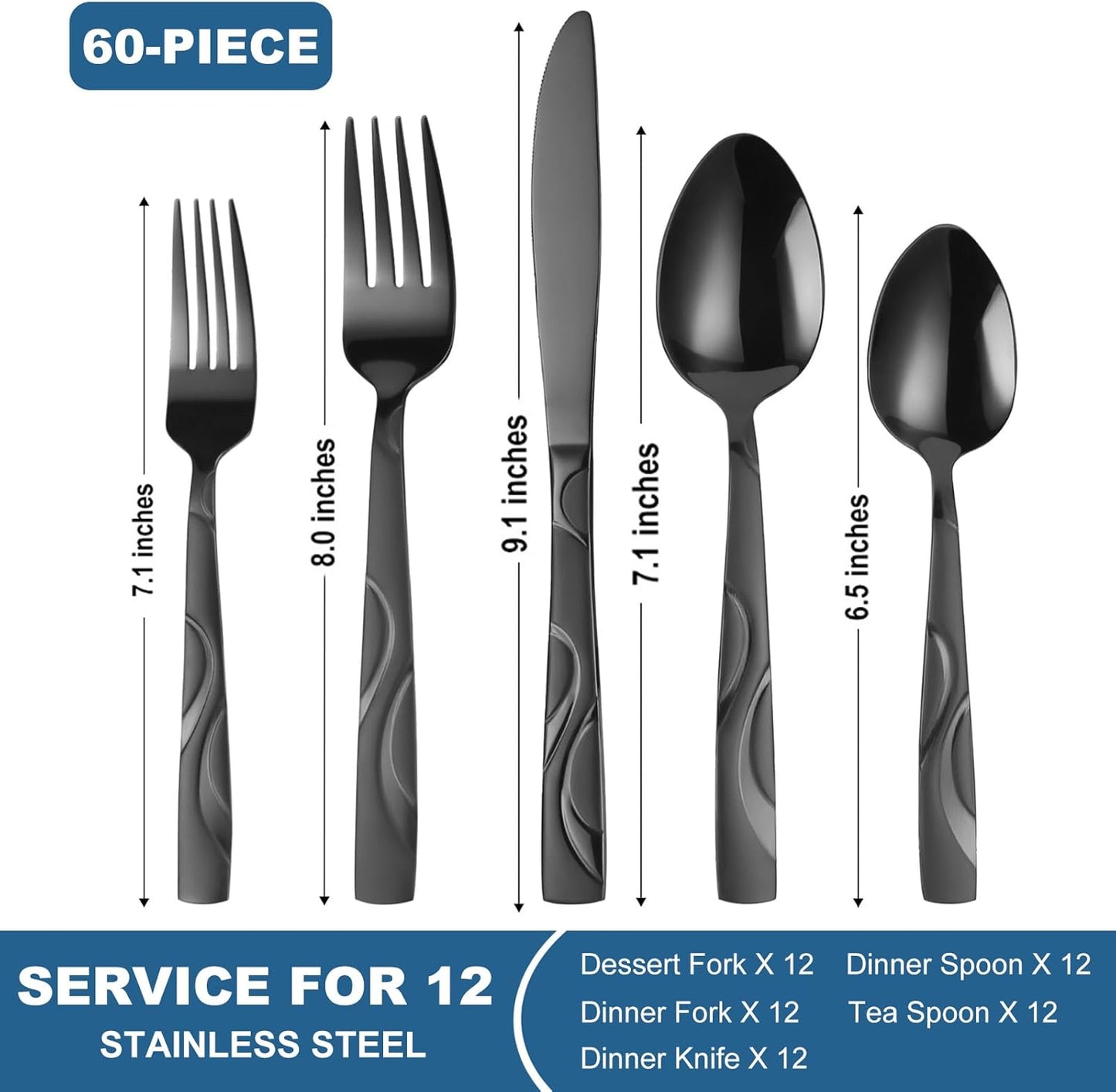 60 Pieces Black Silverware Set, Heavy Duty 430 Stainless Steel Flatware Utensils, Cutlery Set Service for 12 Including Fork Spoon and Knife, Dishwasher Safe
