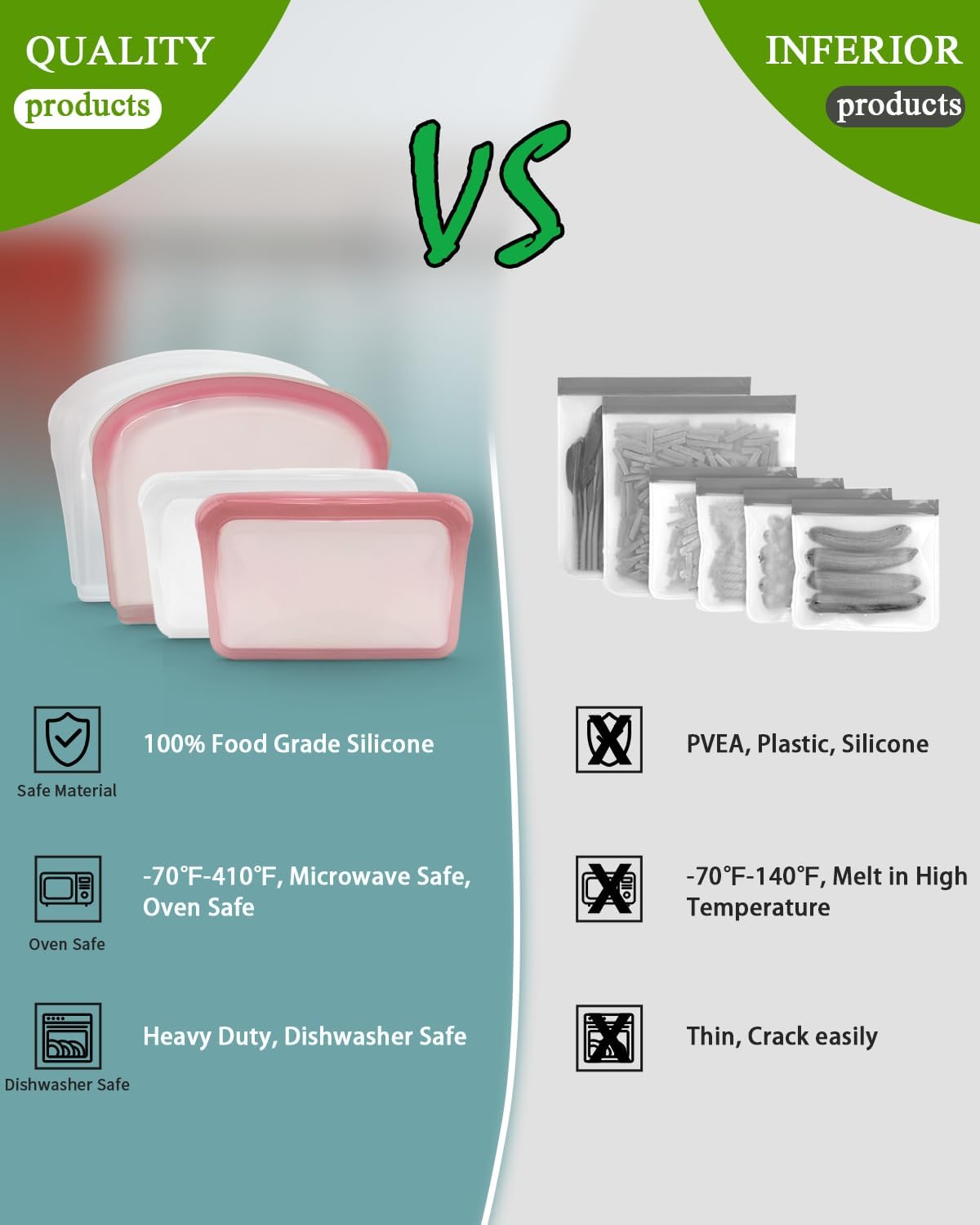 Reusable Silicone Storage Bags, 4Pack Snack Sandwich Sandwich Bags, Endurables Seal-Top Silicone Bags for Food Storage, Freezer, Microwave, Oven, Dishwasher Safe (Clear & Rose Quartz)