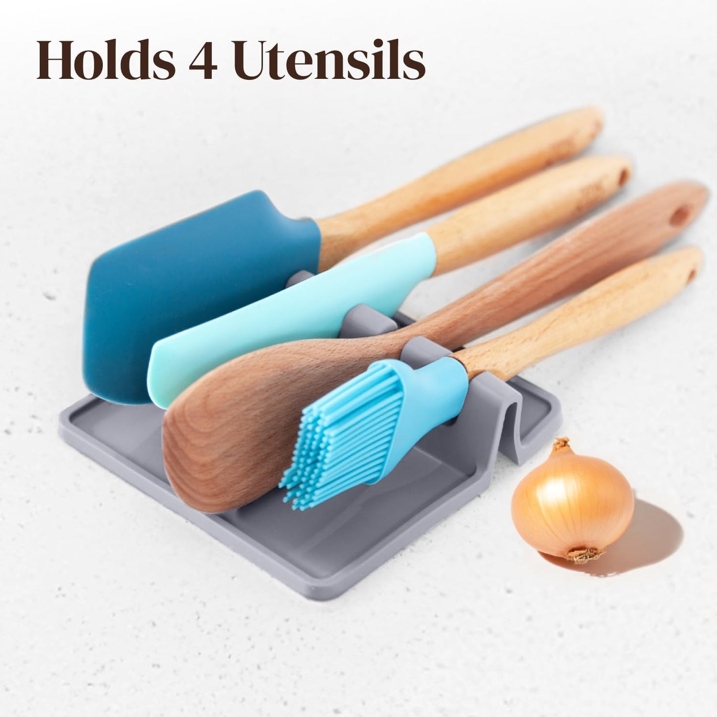 Silicone Spoon Rest for Stove Top with Drip Pad (2 Pack) - Heat Resistant BPA Free Utensil Rest & Kitchen Spoon Holder for Kitchen Counter - Grill Countertop - Spatula Holder, Tongs, Ladle - Grey