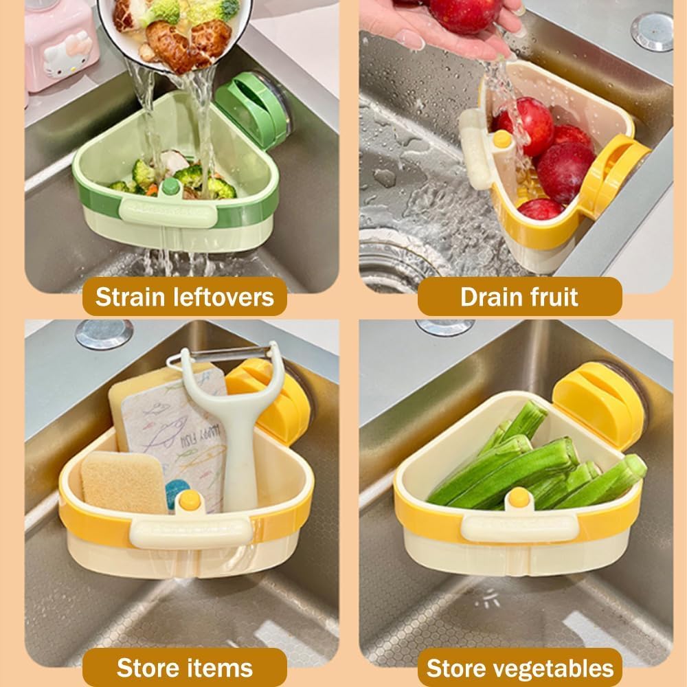 Suction Cup Sink Strainer Corner Rack, Automatic Dumping Triangular Sink Storage Rack Holder, 2025 New Plastic Sink Basket Shelf with Drain Hole & Sucker, Corner Hanging for Kitchen Bathroom
