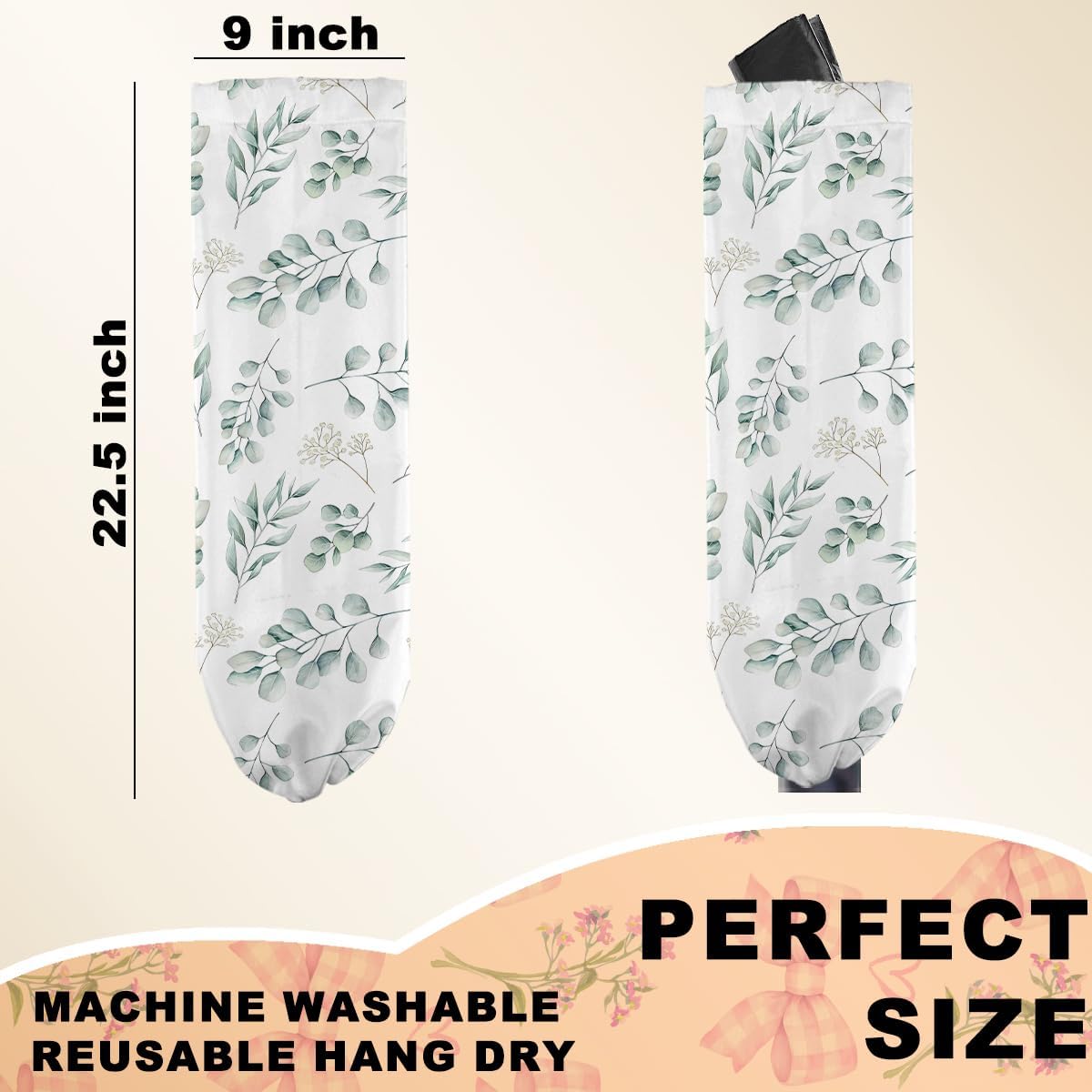 2Pcs Eucalyptus Leaves Plastic Bag Holder, Wall Mount Grocery Bag Holder for Plastic Bags, Boho Greenery Reusable Grocery Bags Storage Dispenser, Farmhouse Sweet Home Kitchen Decor