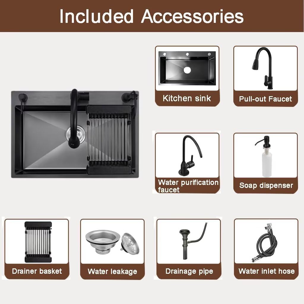 Black Drop in Kitchen Sink, Stainless Steel Single Bowl Sink with 3 Holes, Topmount Workstation Sink, Farmhouse Rectangle Basin with Multiple Accessories (28.3 * 17.7 * 7.9in)