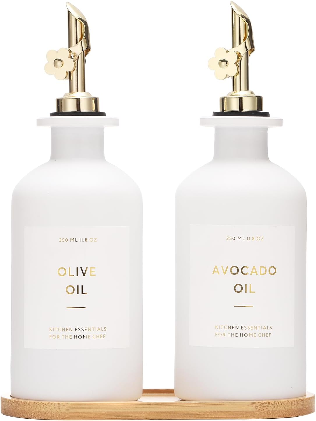 HOMCDALY Olive Oil Dispenser for Kitchen, 11.8oz Glass kitchen Dispenser Bottle, Gold Oil&Vinegar Cruet Set, Leakproof Oil Containers for Cooking| Set of 2 (11.8oz – Gold)