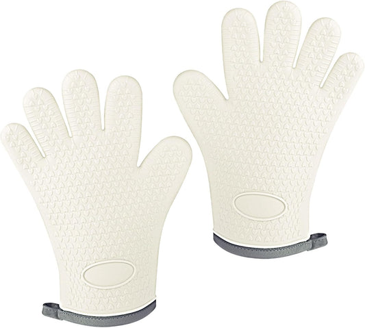 Oven Mitts with Fingers, Heat Resistant 500°F, Waterproof & Non-Slip Kitchen Gloves for Baking, Grilling, Cooking.5-Finger Design with Soft Lining, Hanging Hook,Milky White