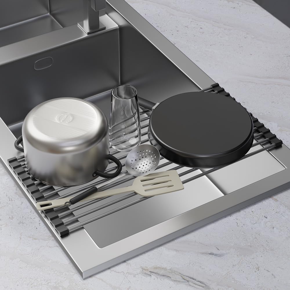 Roll Up Dish Drying Rack, Stainless Kitchen Accessories, Foldable Dish Rack, Anti-Slip Design Sink Counter Storage, Over The Sink Dish Rack, Stainless Steel, ((17.5" x 12") Black)