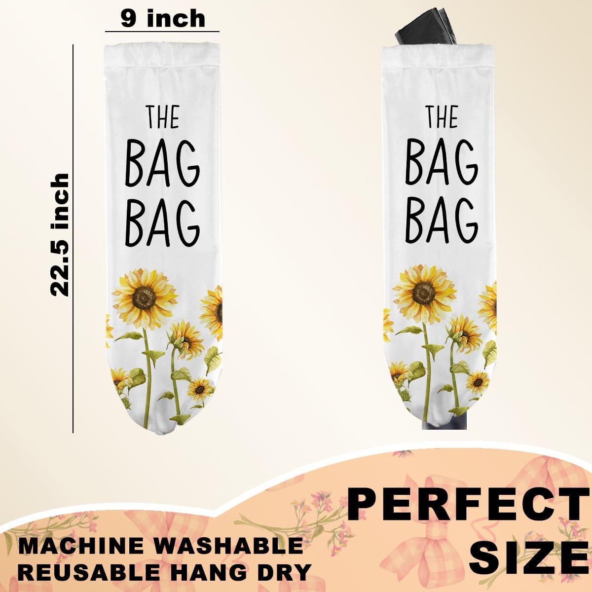 2Pcs Watercolor Flower Bee Plastic Bag Holder for Kitchen, Wall Mount Grocery Bag Holder for Plastic Bags, Summer Sunflower Reusable Grocery Bags Storage Dispenser for Home Kitchen Pantry Farmhouse