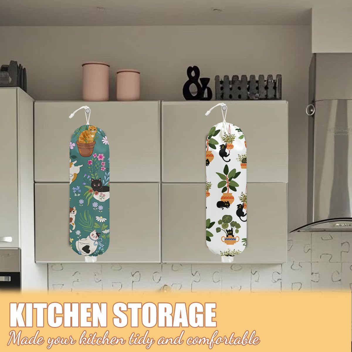 2 Pcs Cute Cat Plastic Bag Holder, Floral Plastic Storage bag Holders for Grocery Bags, Washable Large Grocery Bags Storage Dispenser for Home Kitchen Pantry Decor, Cat Lover Gifts for Women