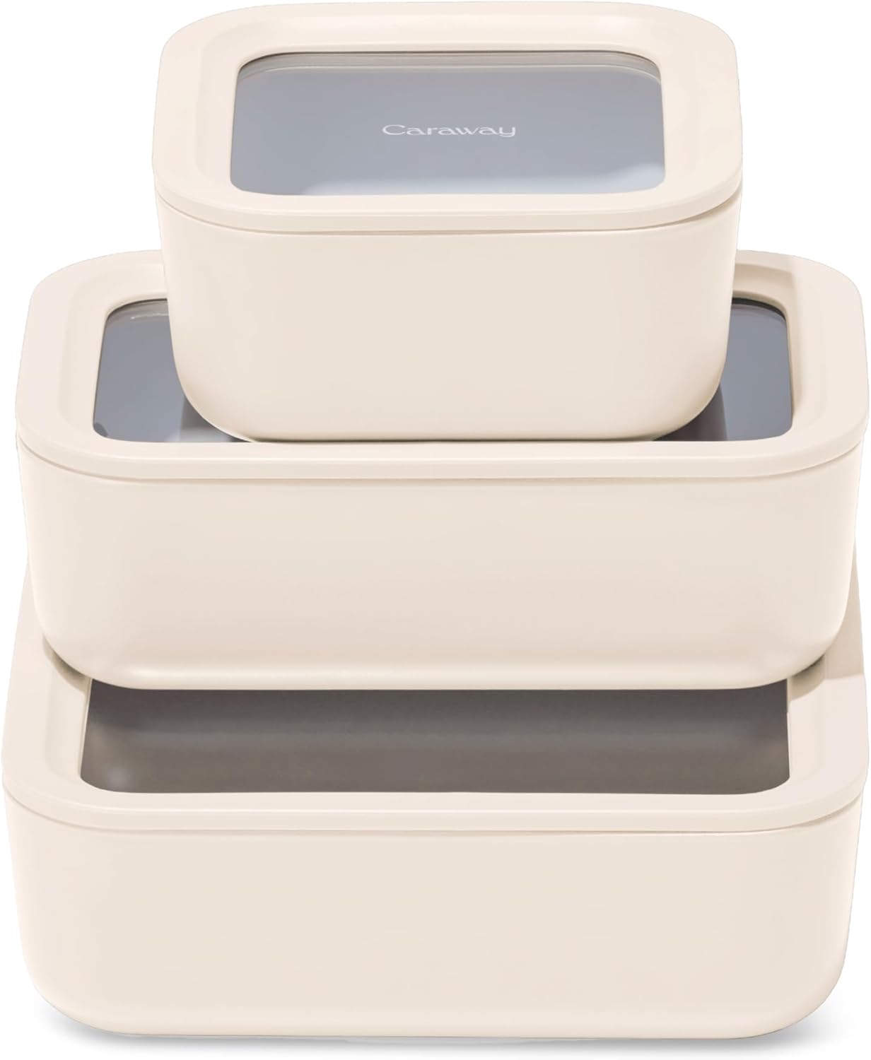 Caraway 3pc Glass Food Storage Set – 10 Cup, 6.6 Cup, & 4.4 Cup Food Containers - Ceramic Coated - Non Toxic Non Stick Lunch Box with Glass Lids - Dishwasher, Oven, & Microwave Safe - Cream