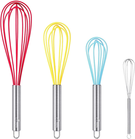 HOTEC 4 Pieces Silicone Whisks Set, Wire Balloon Whisks Egg Beater, Non-slip Handle Whisk for Non-stick Cookware Perfect for Cooking, Stirring, Beating and Blending (Multicolor)