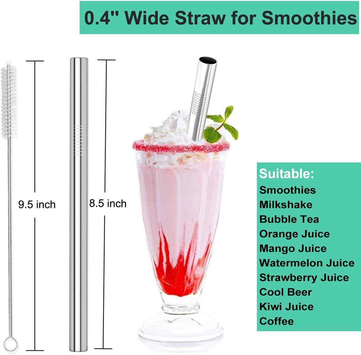 Vinaco Stainless Steel Smoothie & Milkshake Straws 4-Pack | 0.4'' Extra Wide Metal Straws Reusable for Thick Drinks, Shakes, Bubble Tea | Dishwasher Safe & 1 Cleaning Brush | Home & Travel Accessories