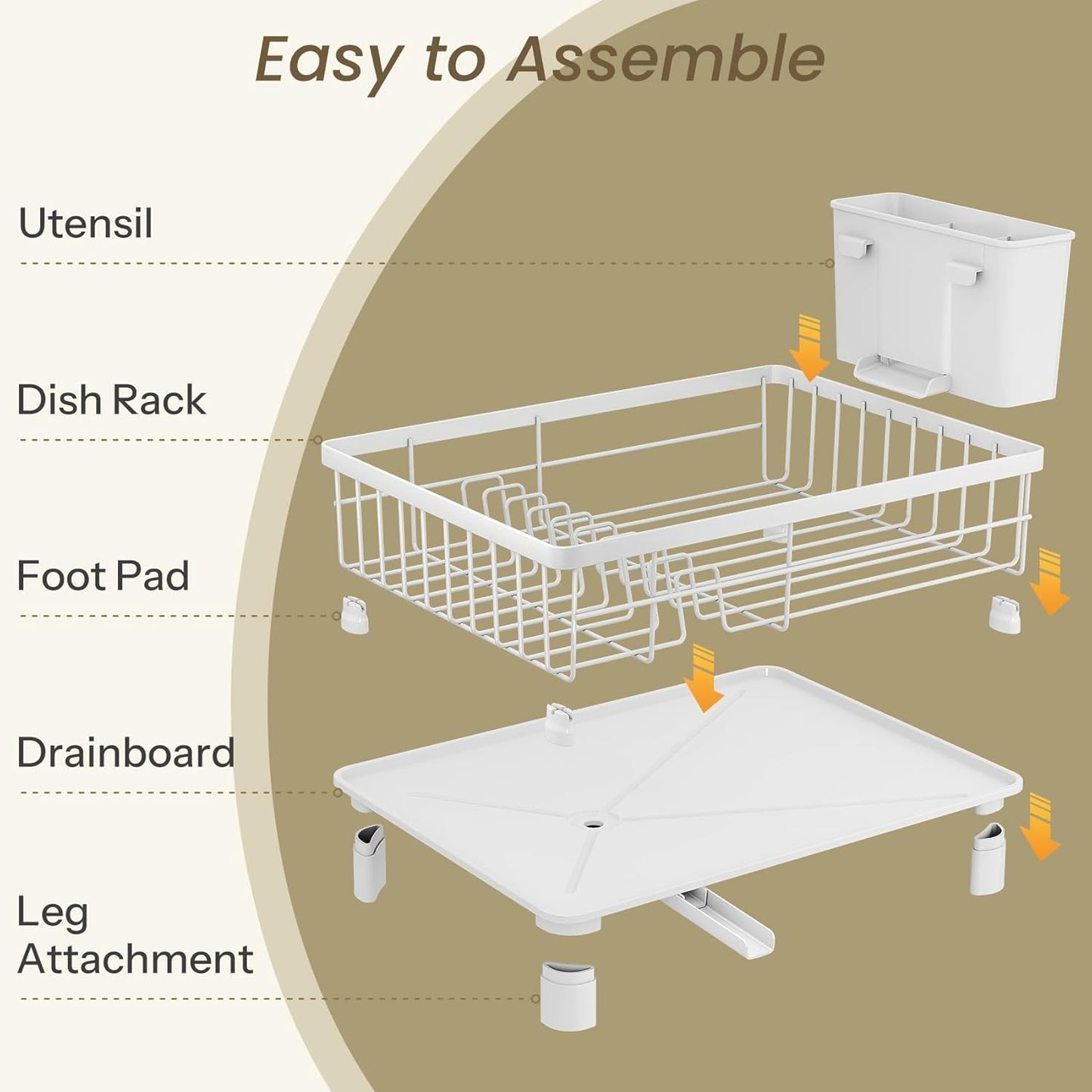 Dish Drying Rack - Small Dish Rack for Kitchen Counter, Stainless Steel Dish Drainer with Utensil Holder and Drainboard (White)