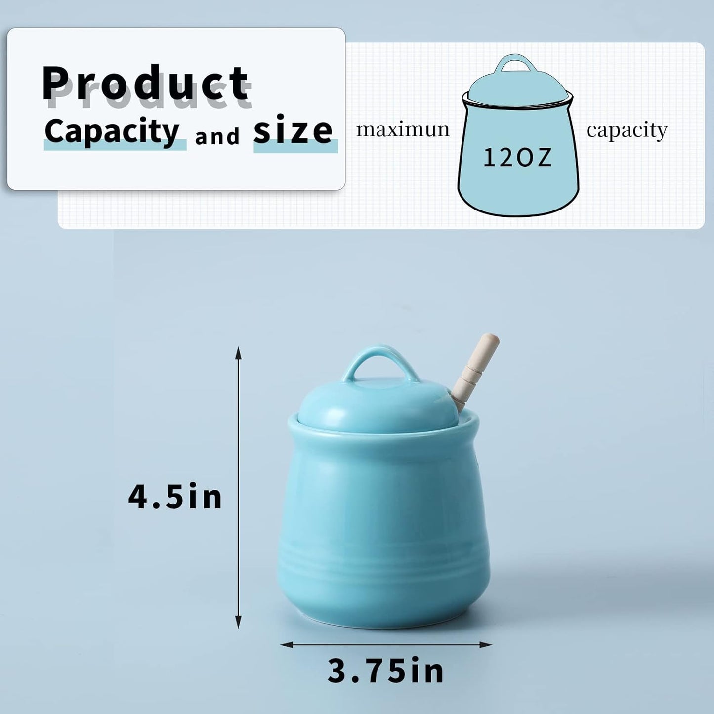 HAOTOP Ceramic Honey pot with Lid and Honey Dipper,Porcelain Honey Jar Easy to Clean and Dishwasher Safe,12oz (Blue)