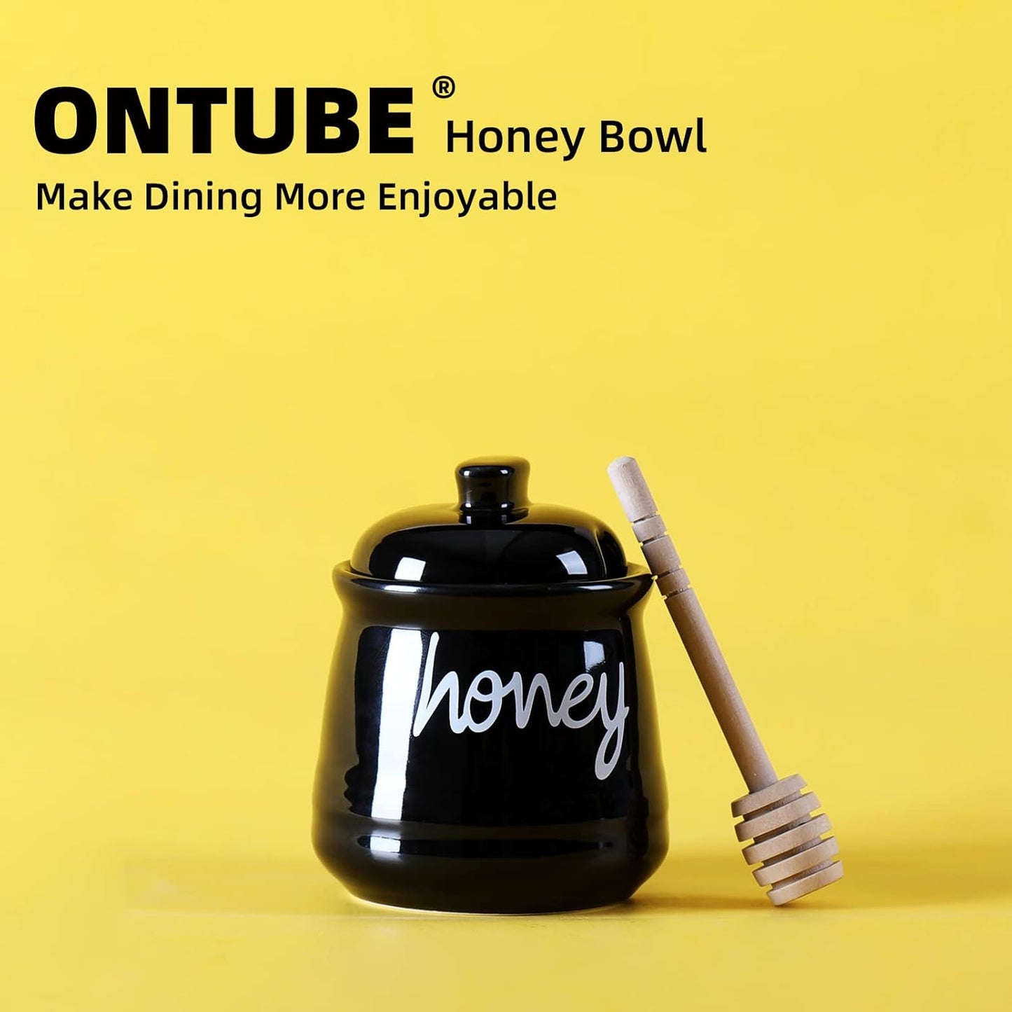 Honey Jar with Dipper and Lid, Ceramic Honey Pot 12oz, Black