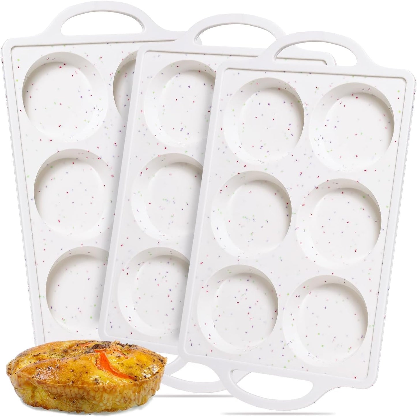 Muffin Top Pan with Metal Reinforced Frame, Silicone Egg Molds for Breakfast Sandwiches 3 Inch Round Baking Pan for Oven English Muffins, Whoopie Pies, Corn Bread, Egg Bites, Tarts 3 Pack Confetti