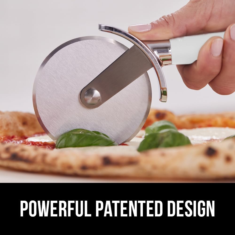 GORILLA GRIP BPA-Free Large Pizza Cutter Wheel, 9 Inch, Sharp Stainless Steel Blade, Slip Resistant Handle with Thumb Guard Protection, Slice Thick or Thin Pizzas, Pie, Pastries in Seconds, White