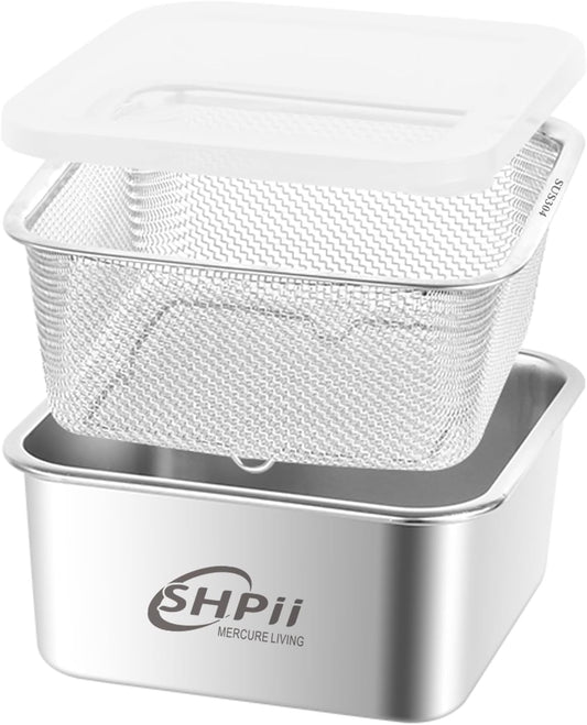 Square Colander Set, 304 stainless steel, with PE lid, deli containers, back of the kitchen preparation, washing and draining tools, refrigerator storage, frying oil filter (2500ML)