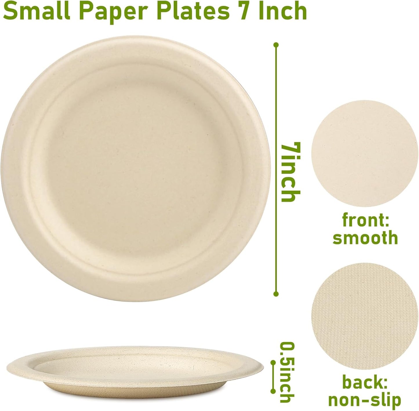 Small 7-Inch Paper Plates Bulk - 200 Count Compostable Eco-Friendly Recycled Mini Dessert Plates, Disposable Bagasse Natural Brown Biodegradable