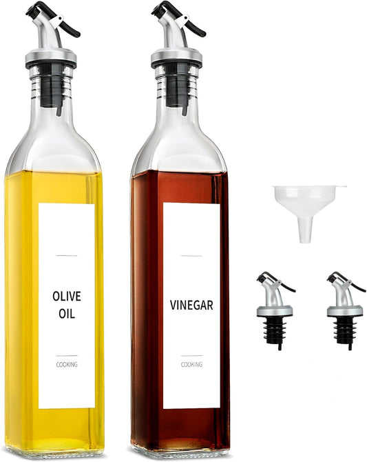 GMISUN Olive Oil and Vinegar Dispenser Bottle Set, 2Pack Oil and Vinegar Dispenser Bottle, 17oz Kitchen Oil Dispenser, Glass Cooking Oil Dispenser, Clear Glass Bottles for Oil with Funnel and Labels