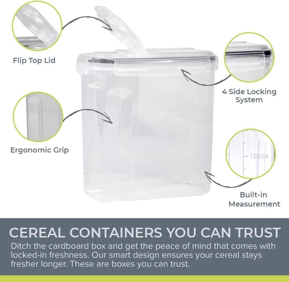 Simply Gourmet Airtight Cereal Containers with Lids – 4 Piece Tall Kitchen Pantry Organization Set, BPA-Free Clear Plastic, Pour Spout Lids for Breakfast Cereal, Rice, Flour, Sugar, Snacks