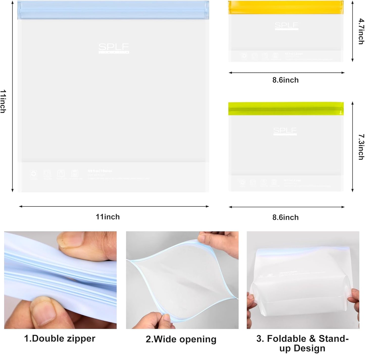 SPLF 10 Pack Stand-Up Reusable Quart Freezer Bags Dishwasher Safe, Extra Thick Leakproof 1 Quart Food Storage Bags, BPA Free Bags for Meal Prep, Sandwich, Snack, Fridge Organization