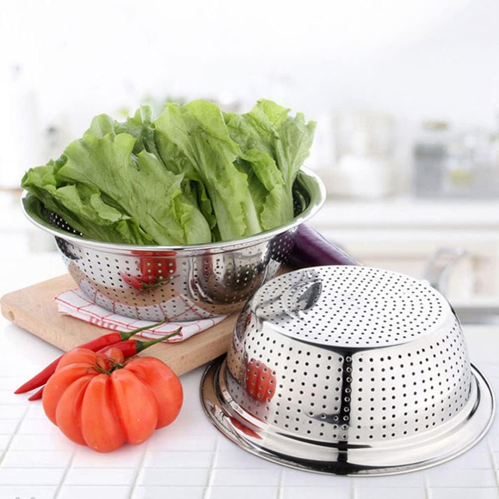 Hemoton Stainless Steel Rice Washing Bowl Kitchen Strainer Colander Bowl Fruit Vegetable Washing Basket for Rice Food Pasta Colander Drain Basket (Silver)