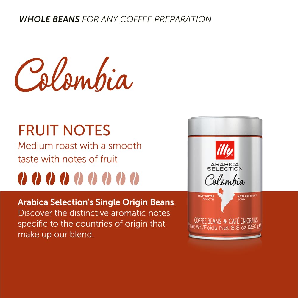 illy Whole Bean Coffee - Perfectly Roasted – Colombia Medium Roast – Smooth Taste, Notes of Fruit – Fruit Notes - 100% Arabica Beans - No Preservatives – 8.8 Ounce