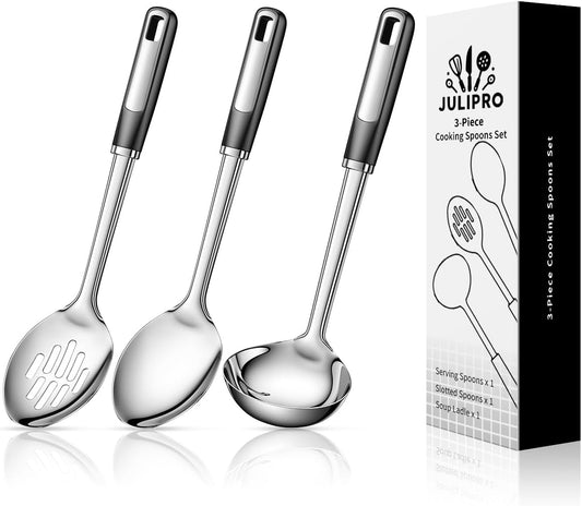 3-Piece,Stainless Steel Serving spoons set with Slotted Spoon-Serving Spoon and Perforated Spoon, soup ladle,kitchen cooking serving utensils set cooking spoon
