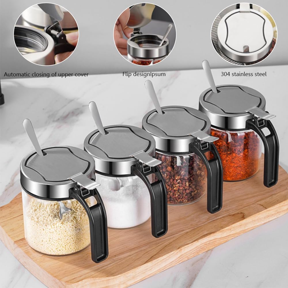 TINMIX Revolving Condiment Pots Sugar Bowl Salt & Pepper Cellar with Lid and Spoon, Set of 4 Seasoning Box Spice Jar with 360 Rotating Holder Tray for Kitchen, 4 Pots