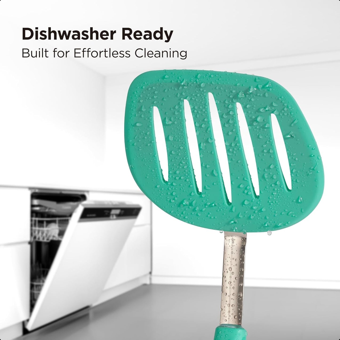 Kitchen Mama WaltzGrip Platinum Silicone Pancake Spatula Turner: Heat Resistant Flexible, Stainless Steel Core, Nonstick, Dishwasher Safe, Flipper – Ideal Kitchen Cookware for Eggs, Fish, Meat (Teal)