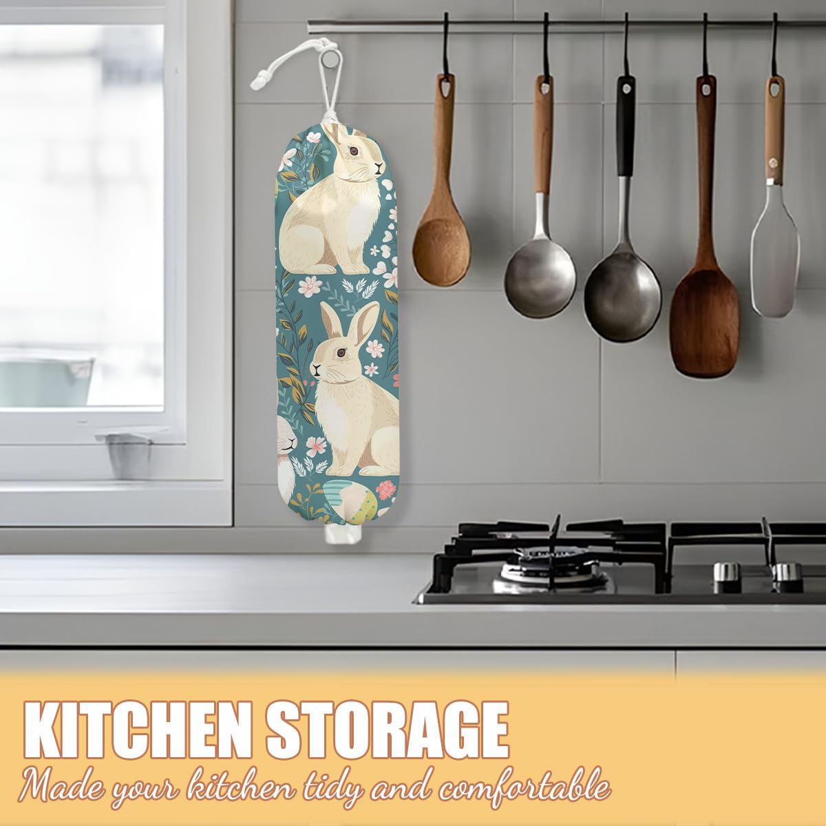 Rabbit Bunny Plastic Bag Holder, Wall Mount Grocery Bag Holder, Plastic Storage bag, Pull Rope Free Adjustment, Plastic Bag Holders for Grocery Bags, Plastic Bag Dispenser for Home Kitchen Cabinet