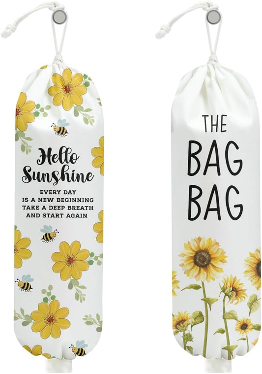 2Pcs Watercolor Flower Bee Plastic Bag Holder for Kitchen, Wall Mount Grocery Bag Holder for Plastic Bags, Summer Sunflower Reusable Grocery Bags Storage Dispenser for Home Kitchen Pantry Farmhouse