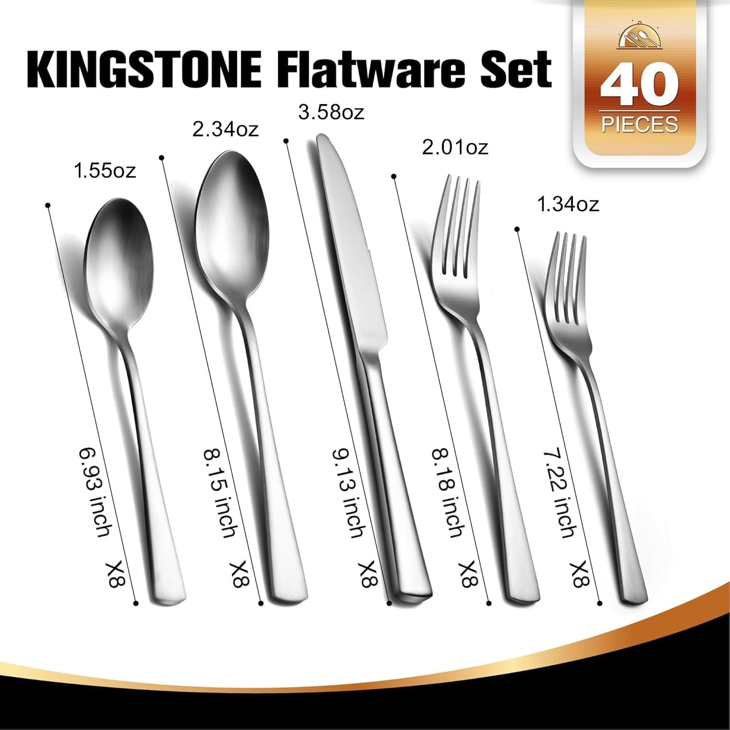 KINGSTONE Silverware Set for 8, 40-Piece 18/10 Stainless Steel Flatware Set,Forged Cutlery Set Matte Satin Finish, Dishwasher Safe