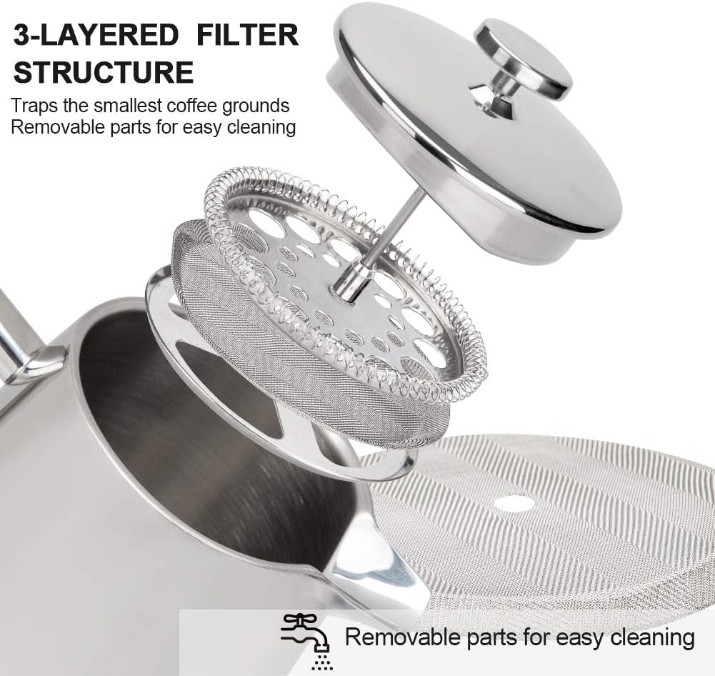 Secura French Press Coffee Maker, 17-Ounce, 304 Stainless Steel Insulated Coffee Press with Extra Screen