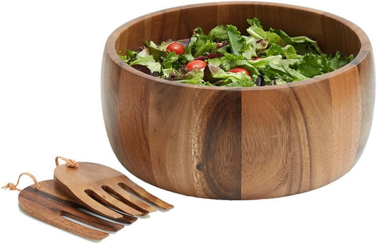 Acacia Wood 10” Salad Serving Bowl with Salad Hands 3 Piece Set by Woodard & Charles ★★PACK OF 4★★