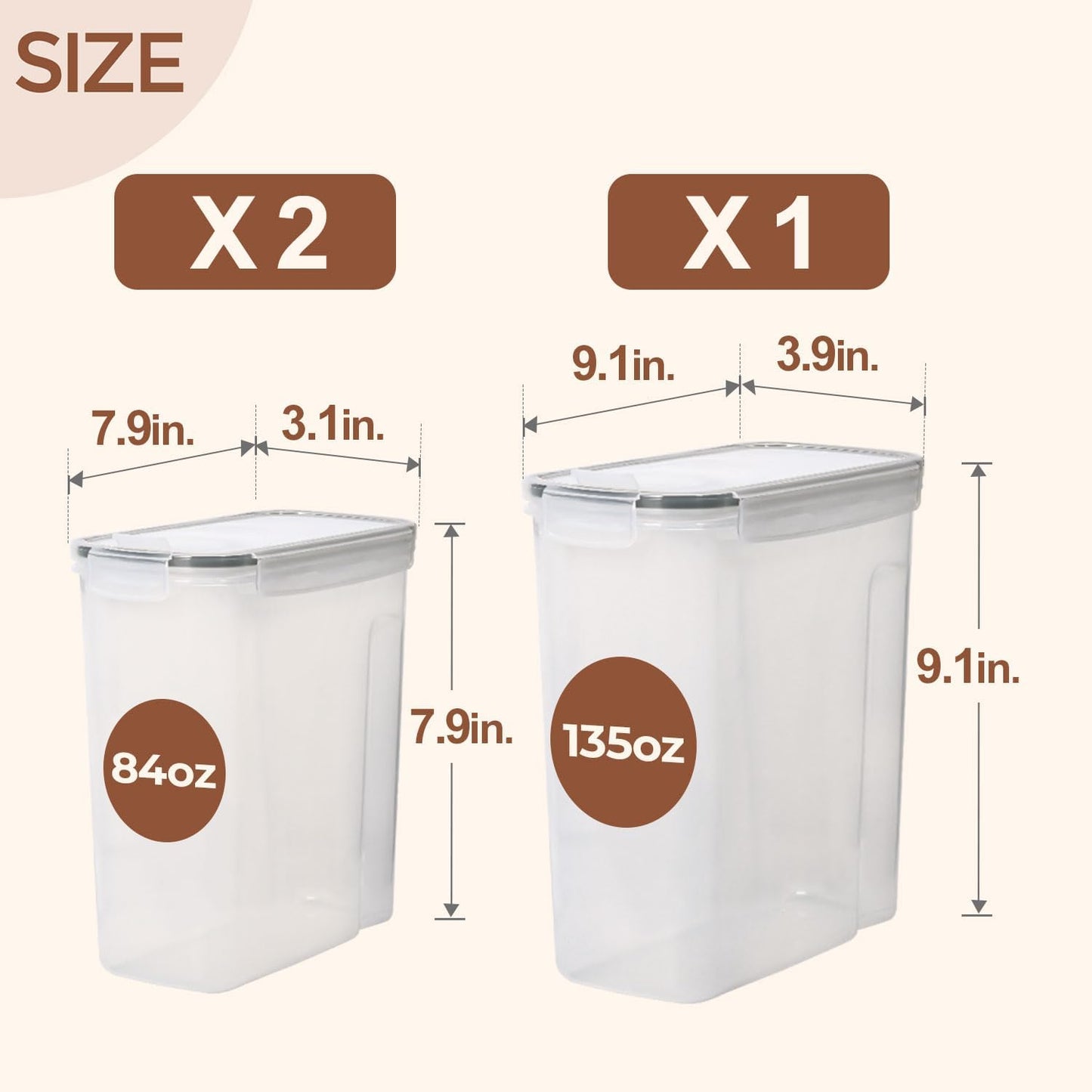 3 PCS Cereal Storage Containers Set, Airtight Food Containers with lid for Rice Pet food, Medium & Small Cereal Dispenser for Kitchen Pantry Organization (135.2oz/4L + 84.5oz/2.5L×2)