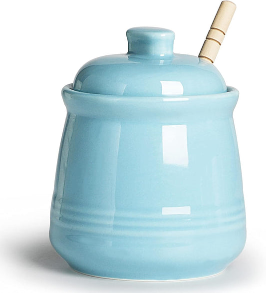 LEETOYI Porcelain Honey Jar with Lid and Honey Dipper,Ceramic Honey pot,12oz (Turquoise)