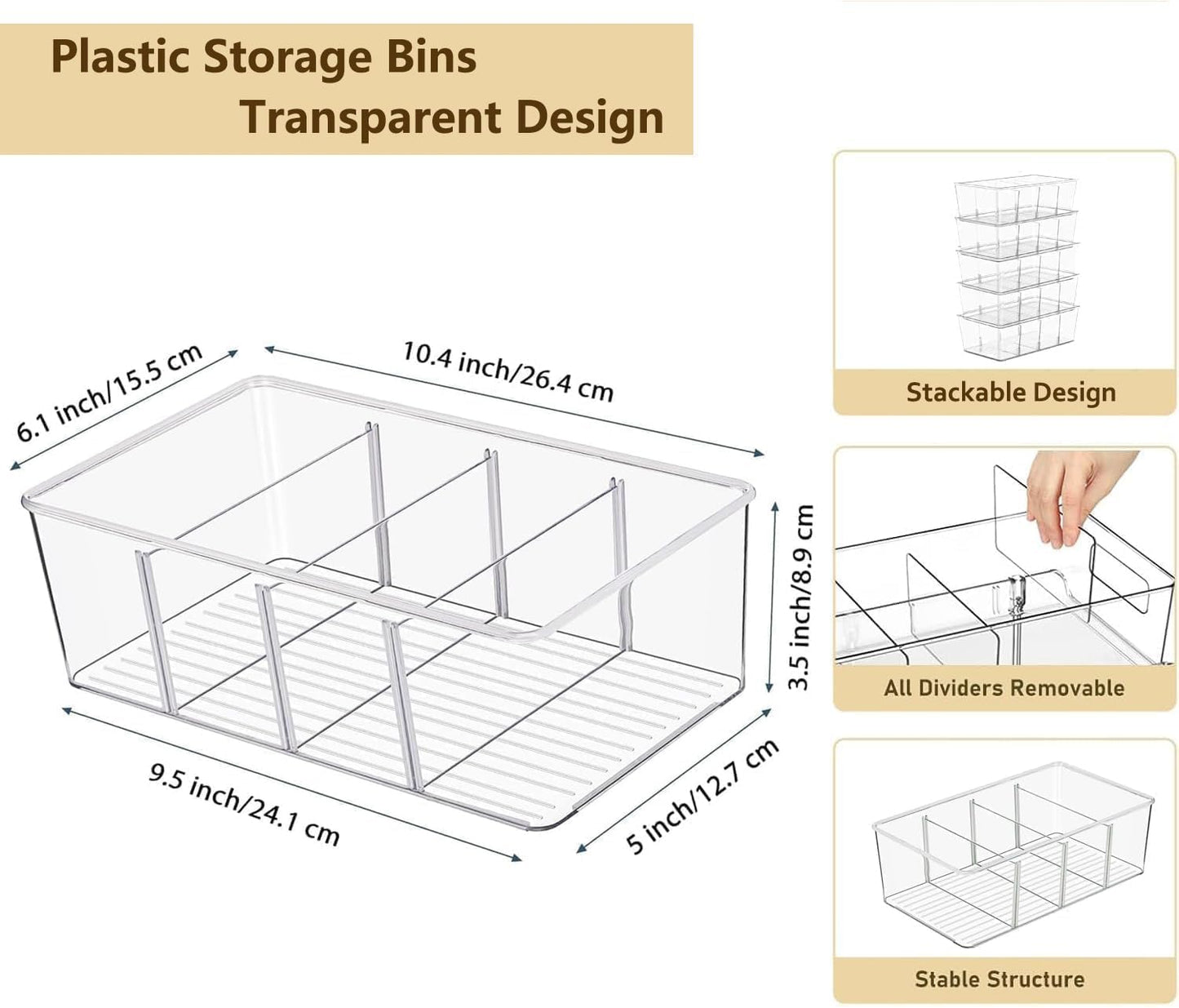 4 Pcs Clear Pantry Organizers and Storage,Plastic Storage Bins for Fridge with Removable Dividers, Kitchen Cabinet Organizers Ideal for Kitchen, Pantry, Refrigerator, Freezer, and Snack Storage