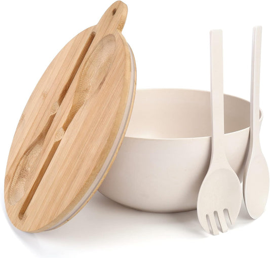ShineMe Large Salad Bowl with Lid, 9.8inches White Salad Serving Bowl Set with Utensils, Bamboo Wooden Salad Bowl with Multifunctional Lid with Handle and Silicone Seal Ring